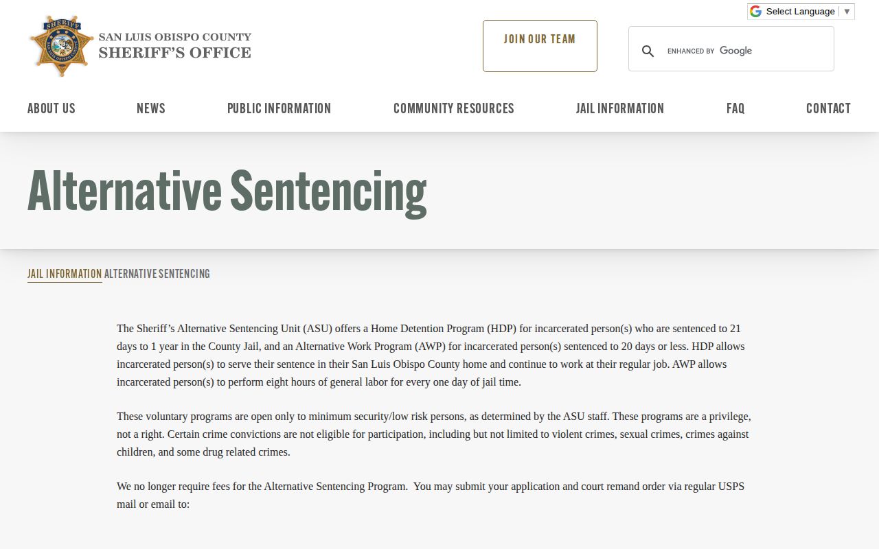 San Luis Obispo sheriff alternative sentencing page screenshot