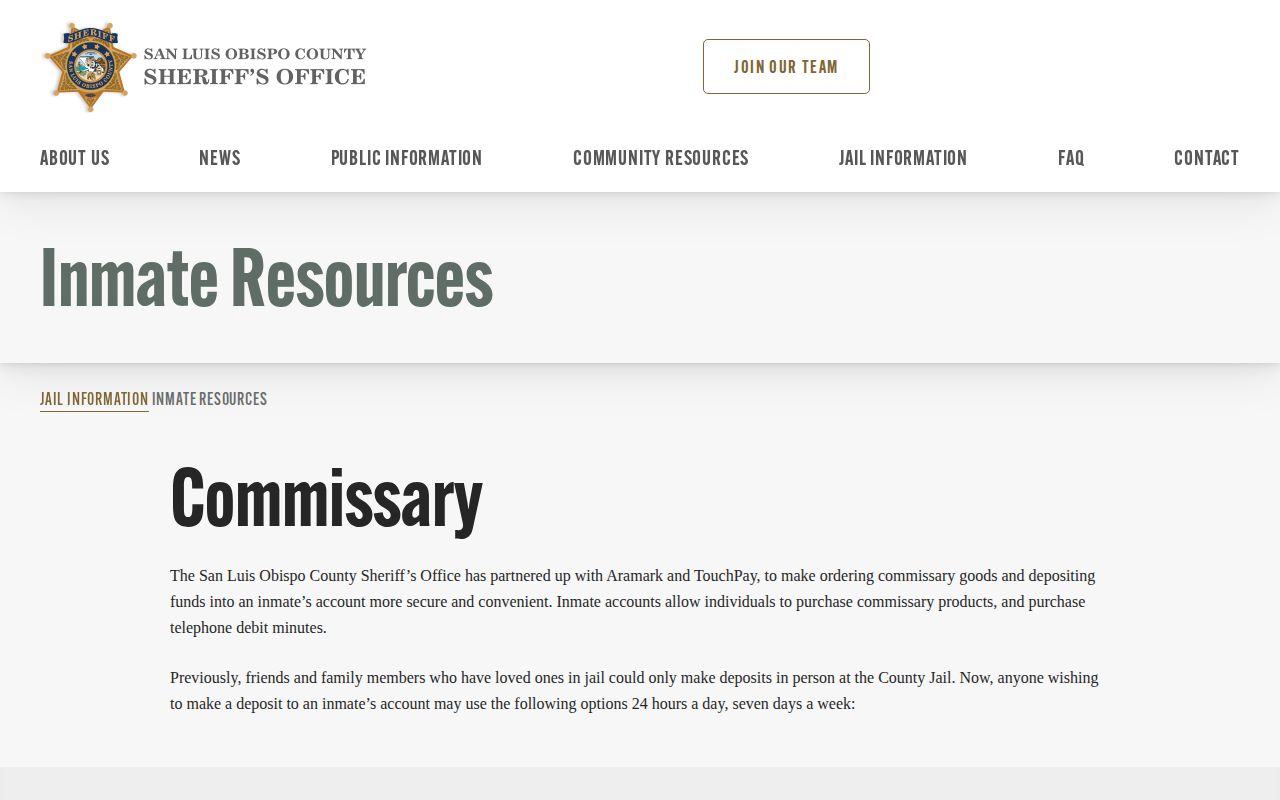 San Luis Obispo sheriff inmate resources page screenshot