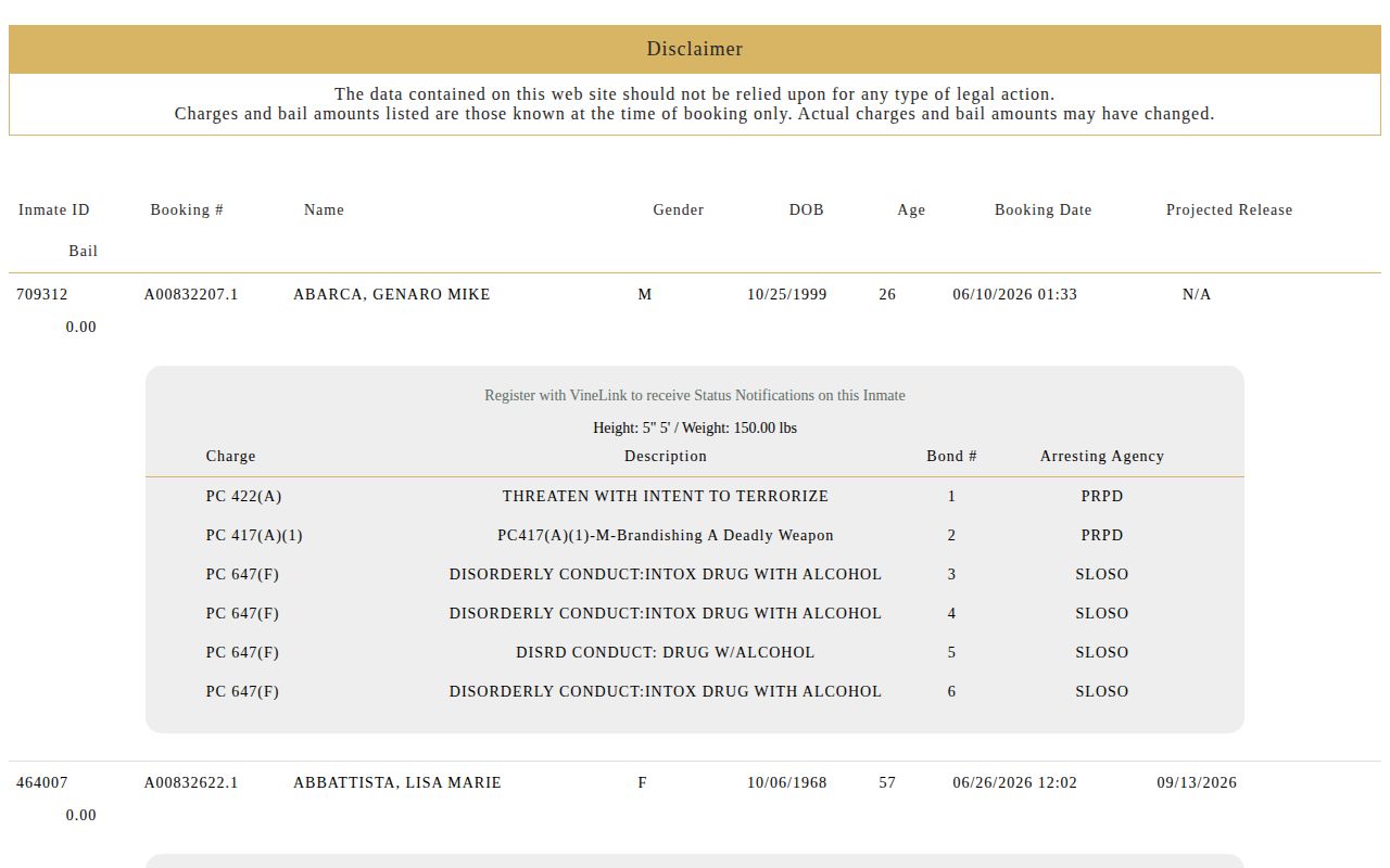 San Luis Obispo County released inmate booking detail fields