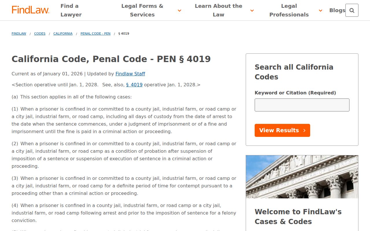San Luis Obispo County release date lookup Penal Code 4019 custody credit source